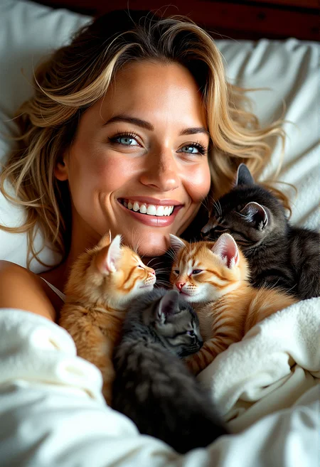 RAW photo, an intimate close-up of a slightly voluptuous blonde woman, lying in bed while kittens of all colors cuddle with her. The happiness in her expression is captured in stunning 8K resolution with photorealistic sharpness and detail, making the image a perfect, realistic masterpiece.
