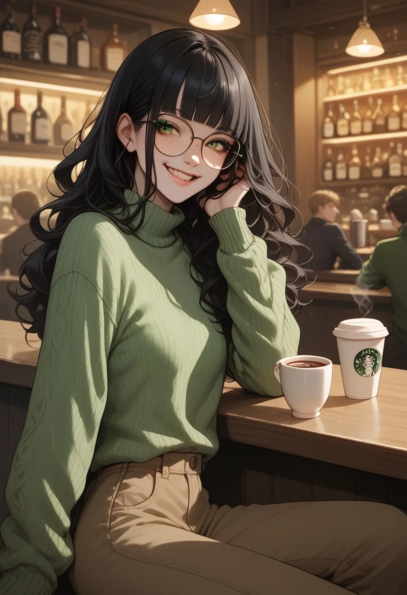 score_9, score_8_up, score_7_up, score_6_up, score_5_up, score_4_up, 1woman, Claudia, ClaudiaRH, long black hair, wavy hair, blunt bangs, green eyes, big squared eyeglasses, small breasts, slim, pale skin, freckles, green sweater, brown pants, sitting, bar, cup of coffee, crowded, smiling, looking away, happy, angled view,