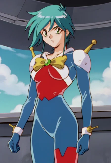 score_9, score_8_up, score_7_up, source_anime, 2gallenby, pilot suit, chest jewel, bow, wrist cuffs, antennae, shoulder armor, asymmetrical legwear, cowboy shot, anime screencap, retro artstyle, 1990s (style),