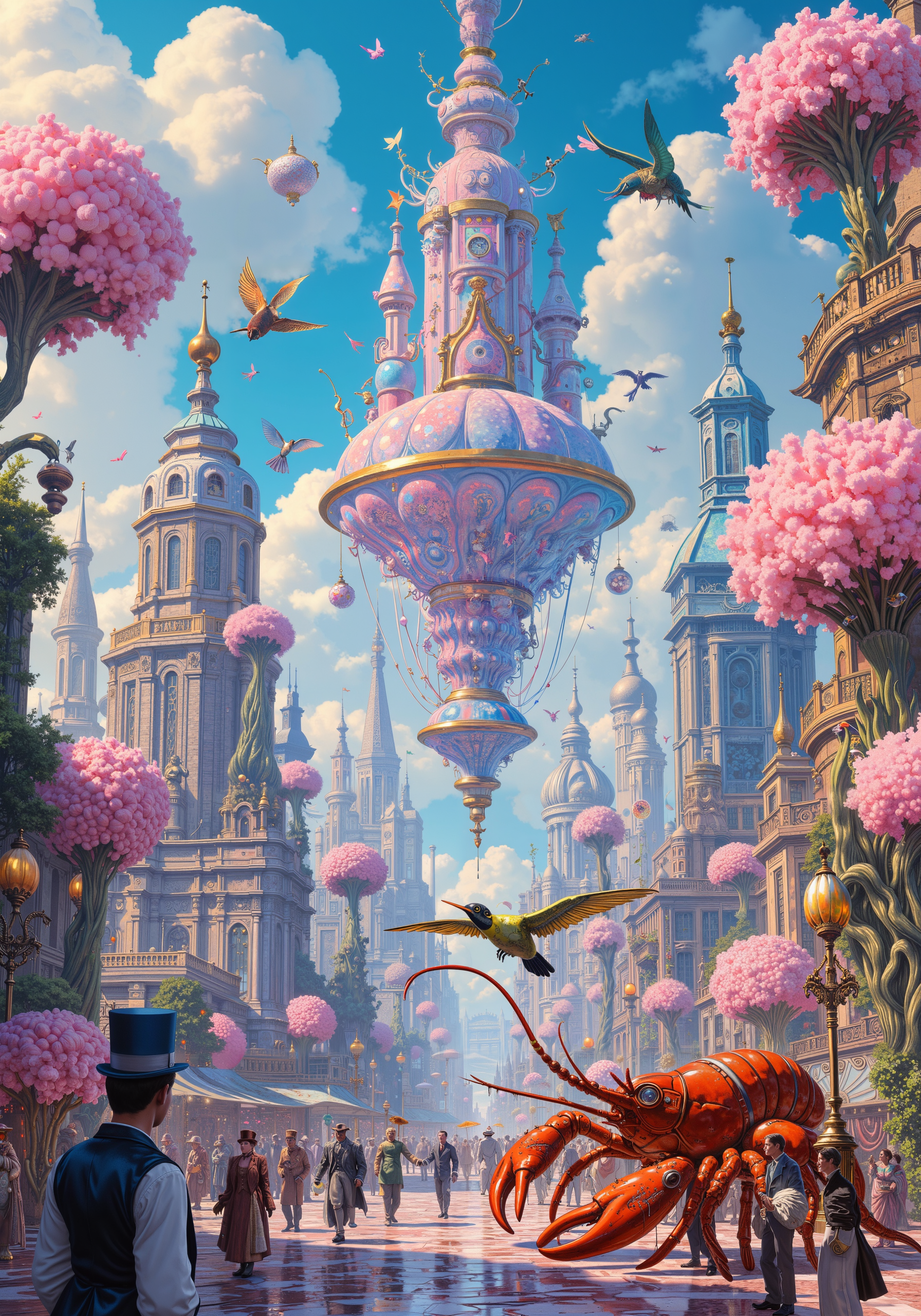 Hyper-realistic 8K rendering of a colossal, iridescent soap bubble city floating amidst cotton candy cumulus clouds, populated by dapper penguin aristocrats wearing monocles and top hats made of crystallized honey. Steampunk-inspired jellyfish airships with brass gears and velvet tentacles navigate between skyscrapers crafted from intricately folded origami money. Streets paved with shimmering fish scales lead to plazas where sentient teapots conduct orchestras of singing vinyl records. Holographic hummingbirds with kaleidoscopic wings pollinate neon fractals growing from art deco lampposts. In the foreground, a gigantic clockwork lobster with Swiss watch components for claws juggles watermelon-sized pearls. Masterpiece, intricate details, surreal lighting, impossible physics. <lora:RM_JamesJean_v0.5:0.2> <lora:Vintage comic book:0.7> <lora:é£æ ¼å-è¶ç°å®:0.4> <lora:flux_dev:1>