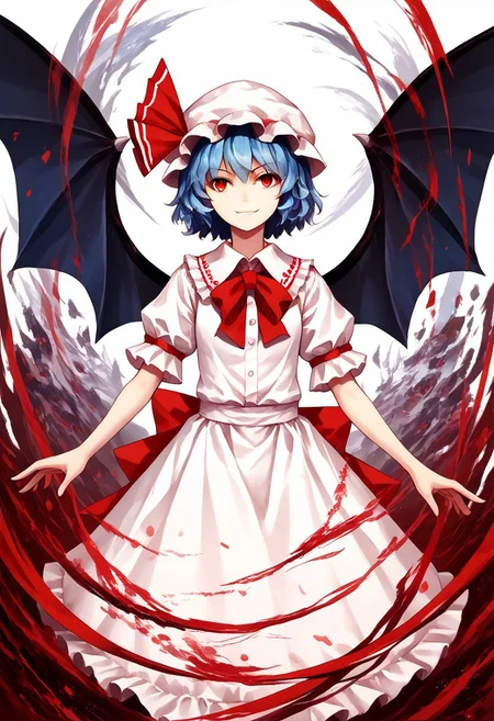 score_9, score_8_up, score_7_up, score_6_up, score_5_up, score_4_up, source_anime, solo, 1girl,
r3mil1a_sc4rlet, hat, red eyes, blue hair, wings, smile, short hair, bat wings, ribbon, short sleeves, mob cap,
masterpiece, best quality, very aesthetic, absurdres,