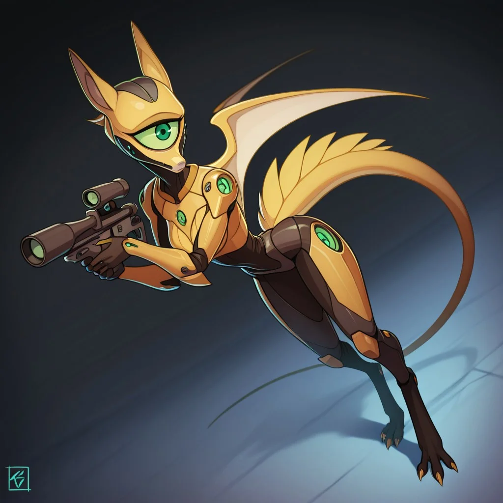 Tia, 1girl,solo,wings,colored sclera,green eyes,furry female,animal nose,yellow fur,animal feet,tail,
masterpiece, best quality, amazing quality, high resolution, aesthetic, solo, silent assassin, sci-fi horror android, uncanny humanoid, stealth unit, red details, sleek composite armor, ultra-thin waist, segmented armor panels, reinforced nanocarbon plating, smooth black faceplate, faceless, cyclops, robot eye, blunt cut metal hair, backlit in fog, robot body, creepy, sniper, stealthy pose, from angle,