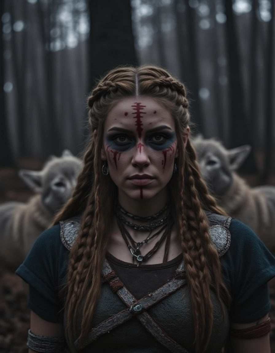 a woman  viking female with braided hair, and war paint in her face, stand in a dusk wood, with some wolfs arounf her <lora:Female_Vikings_Hairstyle:1> v1k1ng2, braids, viking, face
