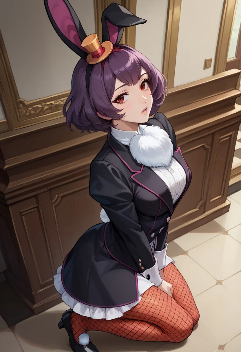 anime artwork, score_9, score_8_up, score_7_up, score_6_up, score_5_up, solo, perfect eyes, detailed eyes, beautiful female, detailed face, dynamics lines, 20 year old, perfect beautiful face, long eyelashes, sharp eyes pupils, (inside the palace:1.3), medium breasts, 1 girl, purple hair, short hair red eyes, rabbit ears, top hat, lop ear (black coattails:1.2), fishnet pantyhose, above view, (full body:1.3) side view