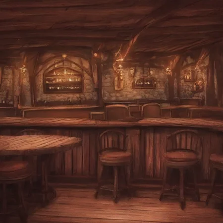 1girl,solo,from behind,hands on counter,table,chair,Guild interior,indoors,wooden floor,counnrer