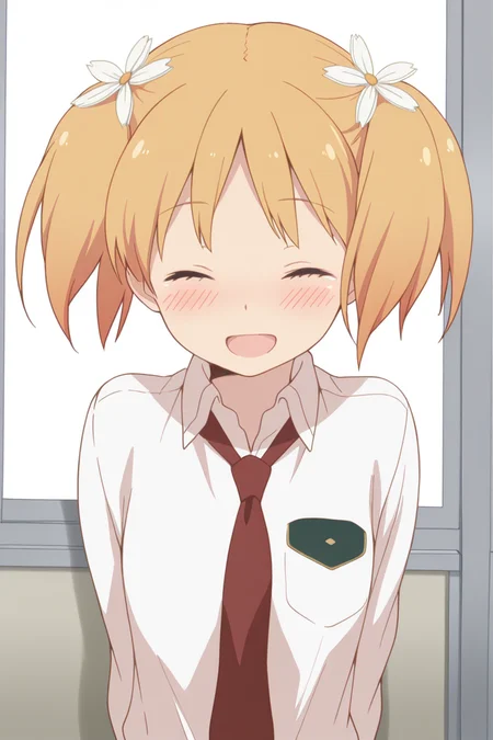 masterpiece, best quality, amazing quality,
<lora:Yuu_IL:1> yuu, 1girl, hair flower, flower, hair ornament, solo, closed eyes, necktie, open mouth, twintails, smile, school uniform, blonde hair, blush, parody, short hair