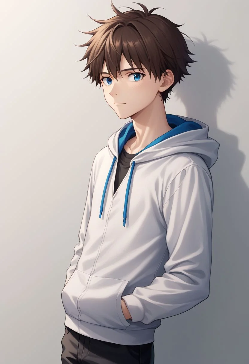 score_9, score_8_up, source_anime, highly detailed, 1boy, solo, male_focus, skinny,
shinji, 1boy, male focus, solo, blue eyes, brown hair, hoodie, hood, hood up, black pants,
indoor,