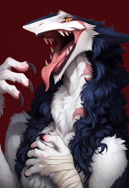 score_9, score_8_up, score_7_up, Rain Silves, yellow eyes, sergal, blue hair, furry female, open mouth, teeth, tongue out, realistic, red background, bandages, scars, claws