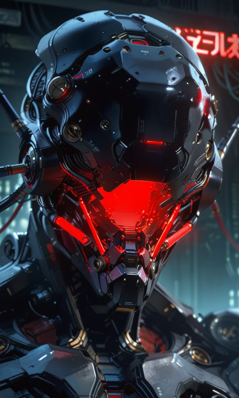 A highly detailed CGI image of a futuristic black helmet-like robot head with glowing opening up to reveal red lights and intricate mechanical details, set against a dark high-tech background, head only, close up, front <lora:- iLL - the_edgy_mech_V3.0:1>