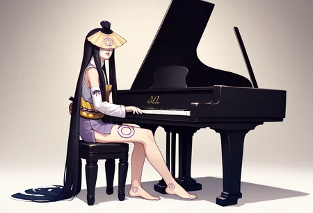 score_9, score_8_up, score_7_up, source_anime BREAK 1girl, solo, <lora:grandpiano-concept-richy-v1_pdxl:1> grand piano, sitting, <lora:amenouzume-smt-richy-v1_pdxl:1> amenouzume, covered eyes, black hair, very long hair, facial mark, purple lips, sleeveless, detached sleeves, folding fan, tattoo, japanese clothes, bare legs, barefoot, full body, parted lips, from side
