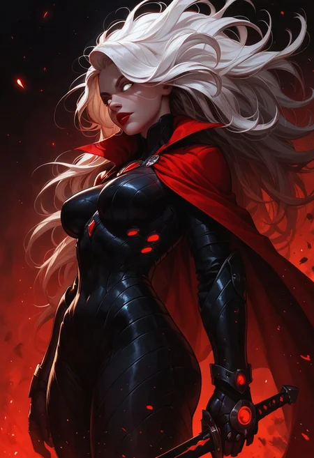 (score_9, score_8_up:1.1), score_7_up, 1girl, sexy, white eyes, no pupils, red lips, white hair, very long hair, small tits, (thick thighs), evil, power armor, mechanical armor, long red cape, holding a large oversized sword, side view, dungeons and dragons, goddess, (sword planted, hands on hilt), dynamic angle, LadyDeath,, g0thicPXL, glowing, neon,