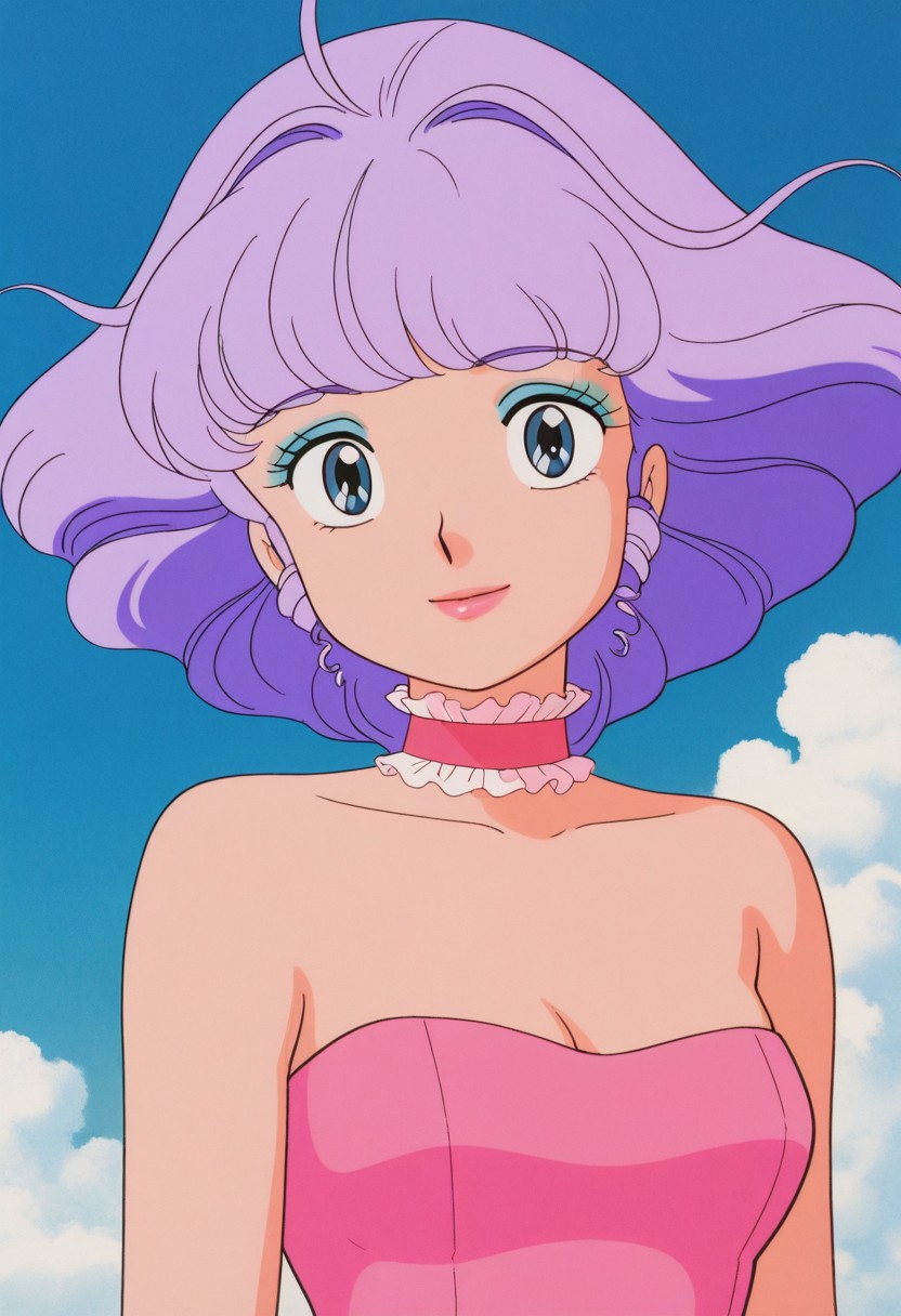 masterpiece, best quality, source_anime,official art,perfect_anatomy,1990s_\(style\),retro_artstyle,creamy mami,1girl,purple hair,short hair,makeup,lips,choker
pink leotard,(looking_at_viewer,smile),upper body,close to viewer,day,blue_sky,cloud