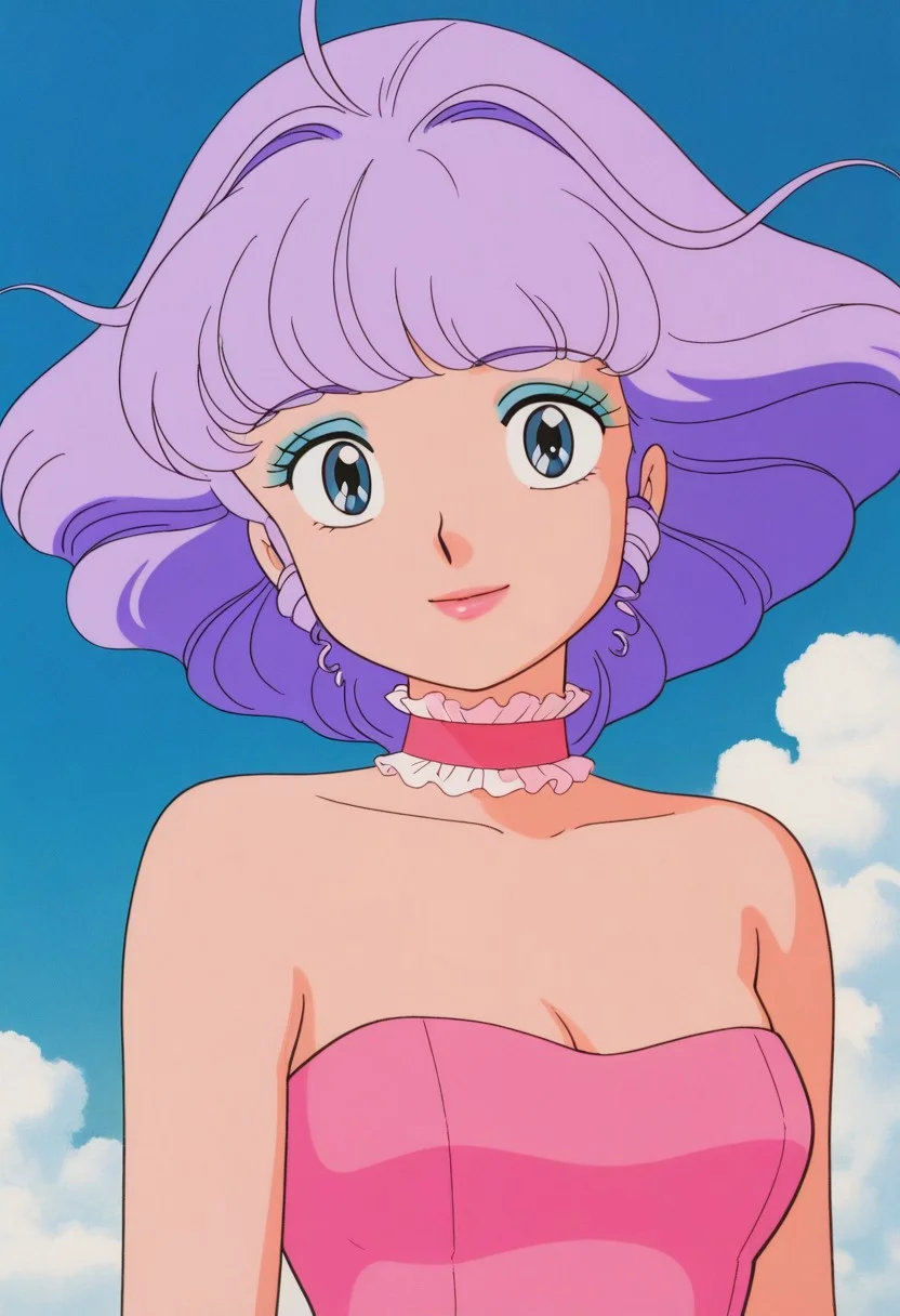 masterpiece, best quality, source_anime,official art,perfect_anatomy,1990s_\(style\),retro_artstyle,creamy mami,1girl,purple hair,short hair,makeup,lips,choker
pink leotard,(looking_at_viewer,smile),upper body,close to viewer,day,blue_sky,cloud