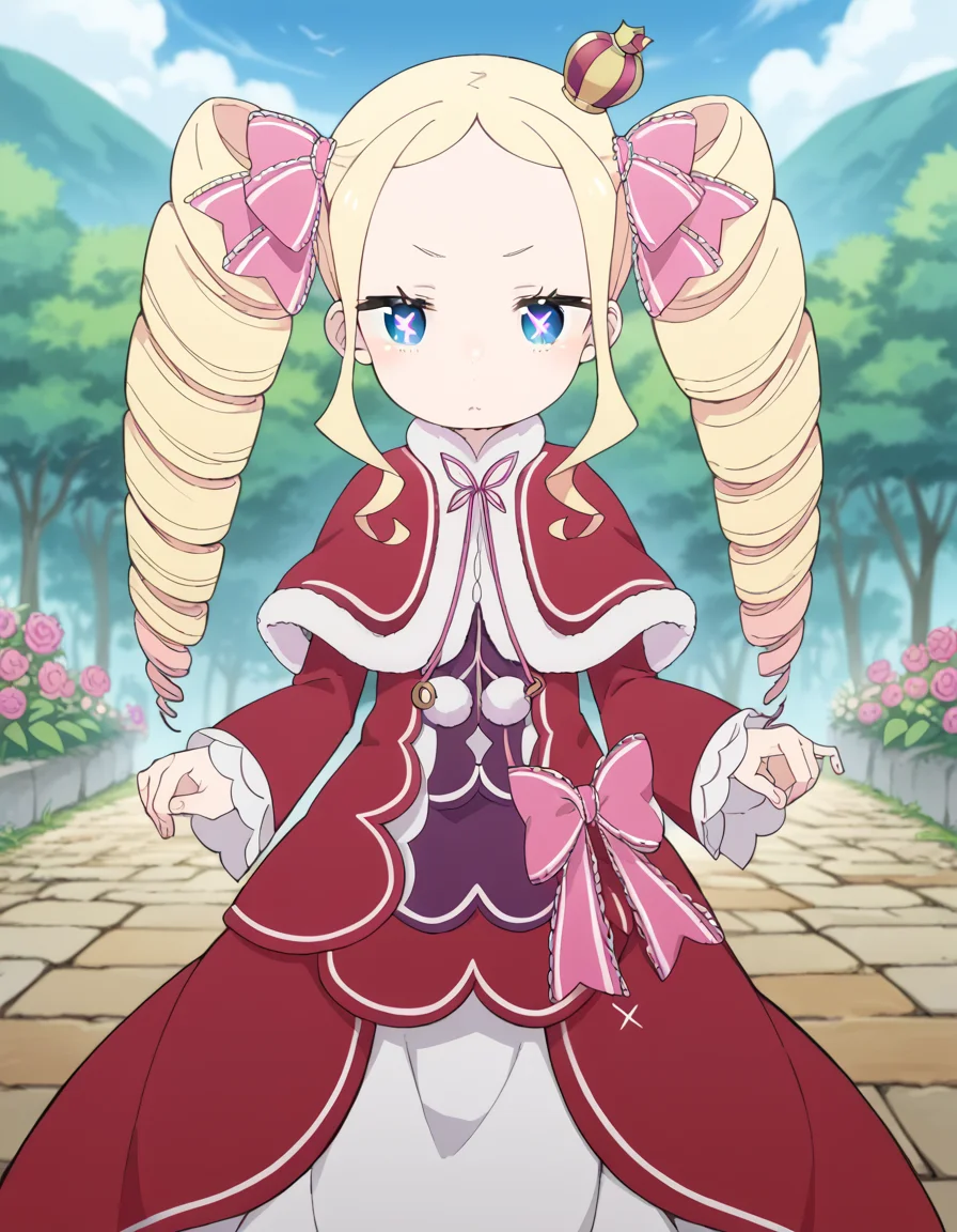 score_9, score_8_up, score_7_up, source_anime, <lora:rezero-beatrice-s3-p1-ponyxl-lora-nochekaiser:1>, beatrice, long hair, blue eyes, blonde hair, twintails, hair ribbon, sidelocks, symbol-shaped pupils, drill hair, twin drills,, dress, ribbon, fur trim, capelet, crown, mini crown, red capelet, frills, bowtie,, garden, flowers, path, plants, tranquil, , <lora:pendulum-ponyxl-lora-nochekaiser:1>, pendulum, holed coin, coin on string, hypnosis, mind control, coin, @ @,, looking at viewer, solo,, dutch angle, cowboy shot