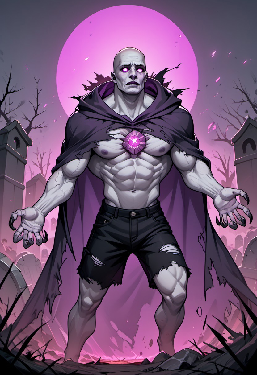 score_9, score_8_up, score_7_up, massive undead, ghoul, male, grotesque build, pale gray skin, bald, elongated clawed hands, glowing purple eyes, torn purple tattered cloak, clasp for cloak, black shorts, purple gemstone in chest, sharp claws, dark and menacing, fantasy graveyard background, swirling mist, eerie atmosphere