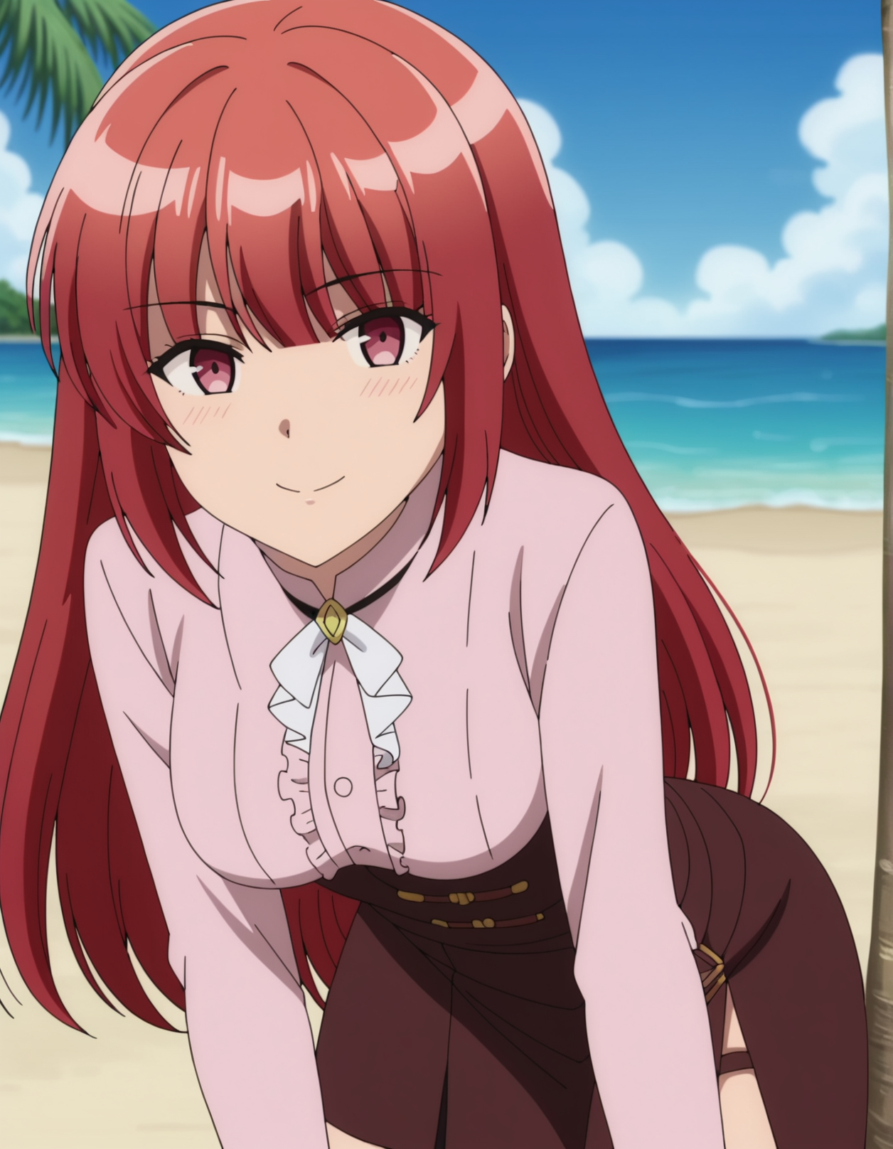1girl, anime screencap, <lora:VexVexX_Chestille_Lillqvist_PONYXL:1>, ChstilleLillqvist, red hair, long hair, bangs, sidelocks, medium breasts, deep skin, skindentation, seductive smile, detailed skin, glossy skin, long sleeves, collared shirt, brown skirt, frills, cowboy shot, from front, sanding, bent over, hands on thighs, legs together, thighs together, looking at viewer, outside, beach, ocean, palm trees,