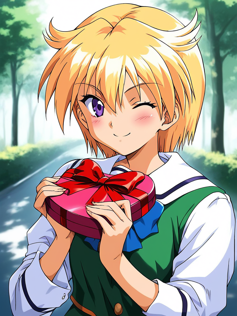 score_9, score_8_up, score_7_up, source_anime, rating_explicit, BREAK  <lora:Ijuin_Mei_XL:1> Ijuin_Mei, blonde hair, short hair, purple eyes,
1girl, solo, one eye closed, valentine, gift, holding gift,  blush,  box, school uniform, upper body, holding, green shirt
blush,  outdoor, day, light smile,
looking at viewer, 
cowboy_Shot,