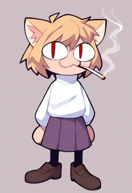 score_9, score_8_up, score_7_up, score_6_up, score_5_up, funny image, necoarc smoking, blonde hair, red eyes, slit pupils, cat ears, :3, chibi, turtleneck, white shirt, blue skirt, pleated skirt, pantyhose, brown footwear, turtleneck, white shirt, purple skirt, pantyhose
Street