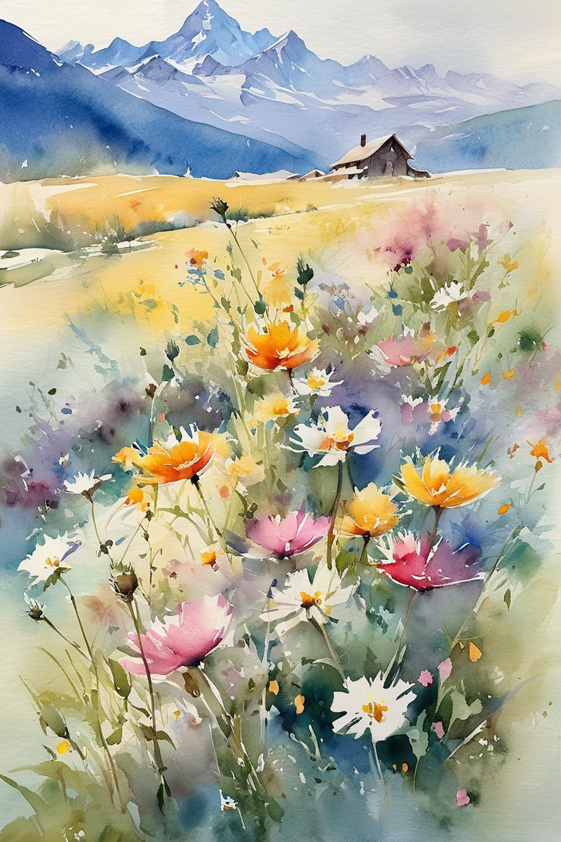 Thomas W. Taylor watercolor. Create a watercolor that showcases the whimsy of wildflowers,imagine an enchanting meadow of brightly colored flowers where your imagination can fly,with the unreal Mount Everest in the distance as a backdrop. An epic scene,<lora:Watercolor _sdxl:0.8>, Watercolor style,