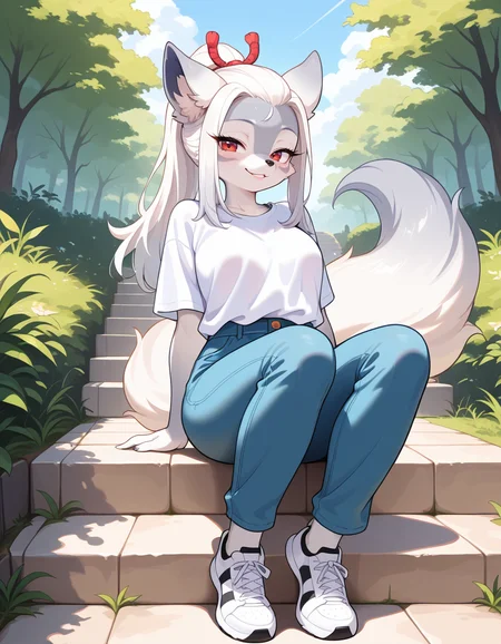 masterpiece, best quality, very aesthetic, absurdres,
outdoors, casual,
full body, posing,
seductive smile, parted lips, long eyelashes,
<lora:Hakuro_v01_NAIXL:1>
H4kur0,1girl,solo,furry,furry female,wolf girl,white hair,long sidelocks,bangs pinned back,ponytail,red eyes,snout,animal nose,body fur,two-tone fur,grey fur,white fur,wolf tail,