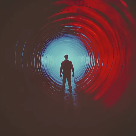 <lora:SurrealHorrorMovieSDXL:1> Surreal Retro Horror movie Still, The image shows a man standing in the middle of a red and blue tunnel with a dark background., silhouette, 1boy, solo, male focus, standing, red theme, from behind, short hair, facing away, monochrome