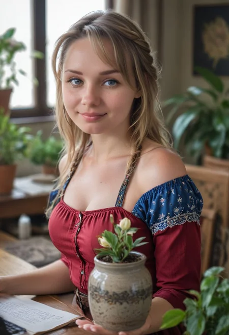 <lora:RPGHerbalist:1> (herbalist:1.1), blurry background, red blouse with flower print, looking at viewer, depth of field, (realistic:1.1), (working at her desk:1.3), jar, potted plant, plant, shirt, smile, wavy hair, mug, bowl, apple, bare shoulders, blonde hair, blue eyes, braid, shot with Nikon D850 SLRQ with 100mm lens and aperture F 2 framing her but with shallow depth of field, intricate detail, dark environment,
