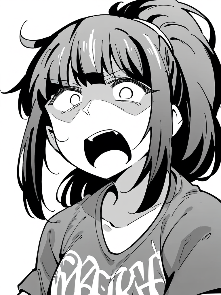 score_9, score_8_up, score_7_up,  
1girl, monochrome, black hair, ponytail, face, close-up, white background, t-shirt,


looking at viewer, constricted pupils, white eyes, open mouth, 
