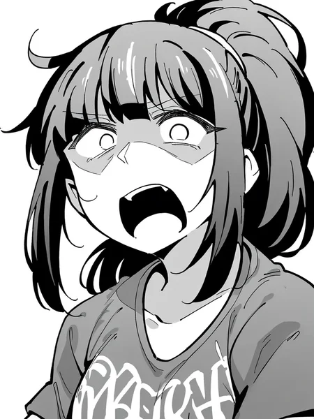 score_9, score_8_up, score_7_up,
1girl, monochrome, black hair, ponytail, face, close-up, white background, t-shirt,
looking at viewer, constricted pupils, white eyes, open mouth,