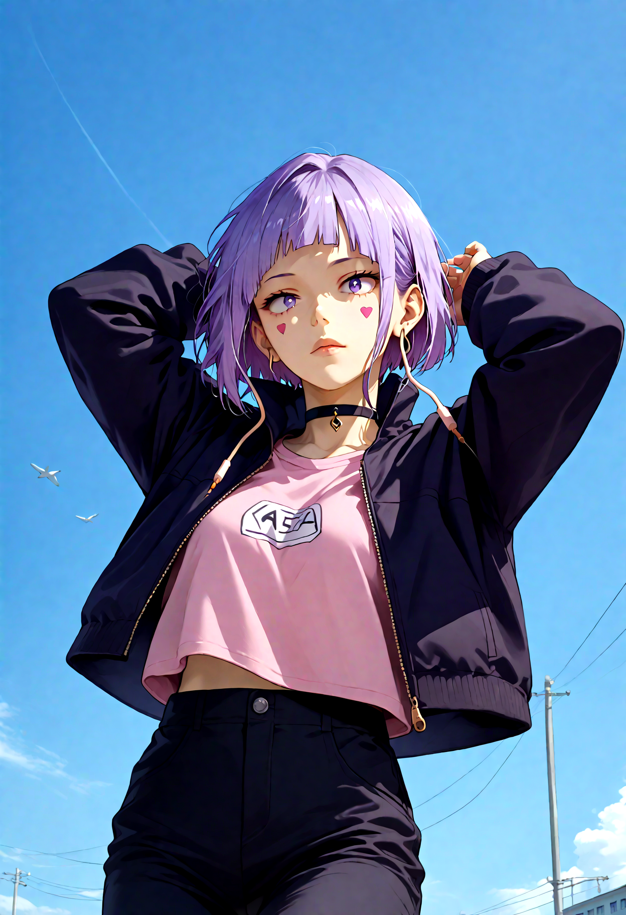 1girl, solo, jirou kyouka, KyokaJirouPony, jirou kyouka, short hair, purple hair, blunt bangs, purple eyes, 1girl, solo,  open jacket, black jacket, black choker, facial mark, black pants,  pink shirt, long earlobes, Jumping with arms raised,