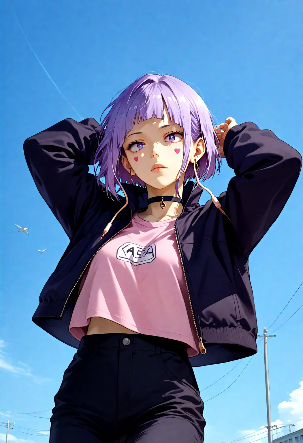 1girl, solo, jirou kyouka, KyokaJirouPony, jirou kyouka, short hair, purple hair, blunt bangs, purple eyes, 1girl, solo, open jacket, black jacket, black choker, facial mark, black pants, pink shirt, long earlobes, Jumping with arms raised,