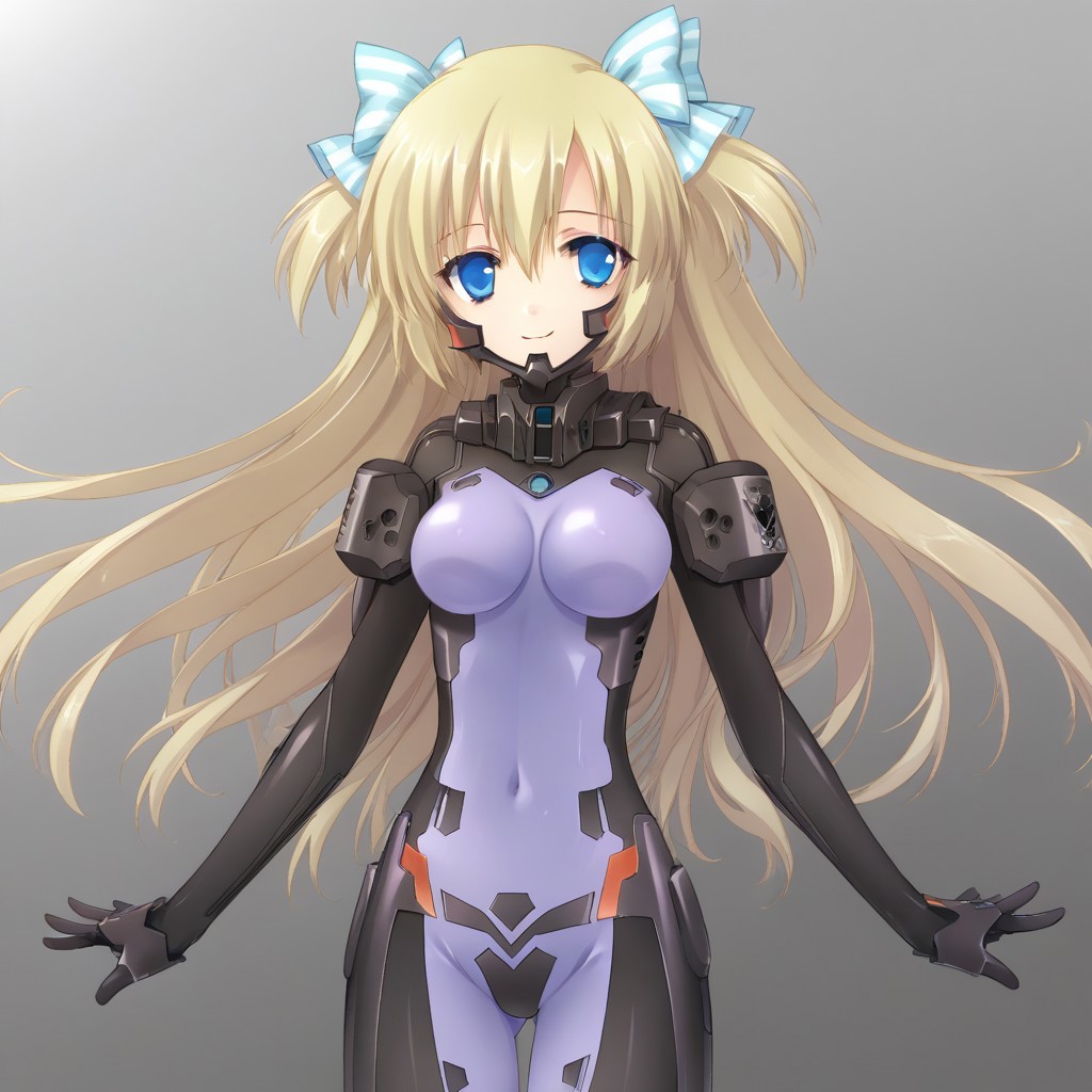 4k,masterpiece,best quality,absurdres,1girl,schwarzesmarkenfortifiedsuit, pilot suit, impossible bodysuit,liz hohenstein, blonde hair, hair between eyes, sidelocks, hair bow, two side up, long hair, blue eyes, medium breasts,smile