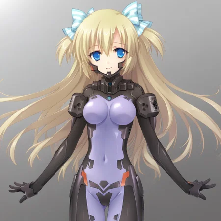 4k,masterpiece,best quality,absurdres,1girl,schwarzesmarkenfortifiedsuit, pilot suit, impossible bodysuit,liz hohenstein, blonde hair, hair between eyes, sidelocks, hair bow, two side up, long hair, blue eyes, medium breasts,smile