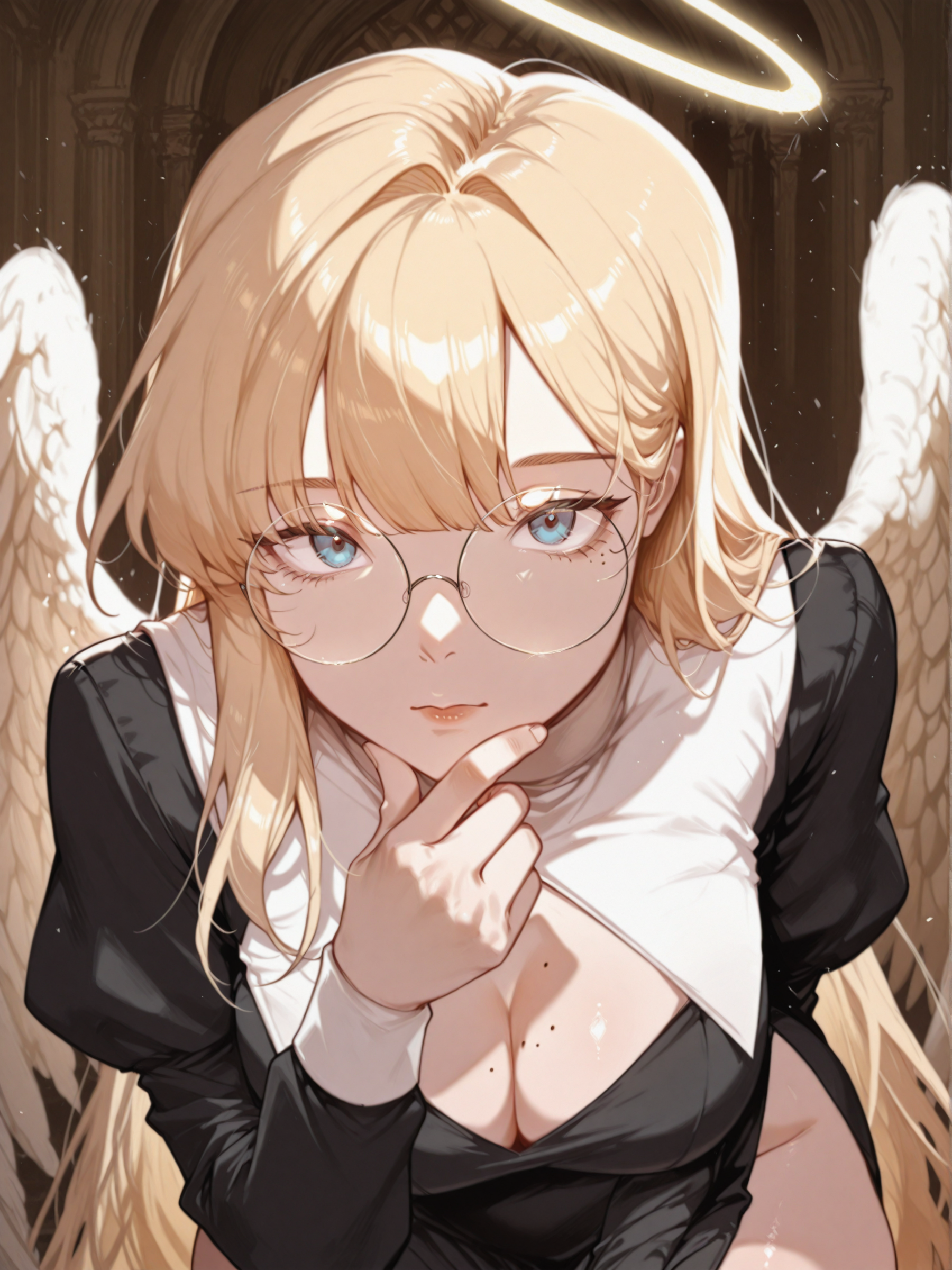 ILXLpos,looking at viewer,angel_cnr, 1girl, blonde hair,very long hair, bangs, blue eyes, mole on breast, mole under eye,round eyewear,  halo,  angel wings,black dress,  long sleeves, cleavage cutout, clothing cutout,  nun,  thighs, finger to own chin,solo,<lora:Angel:0.5>