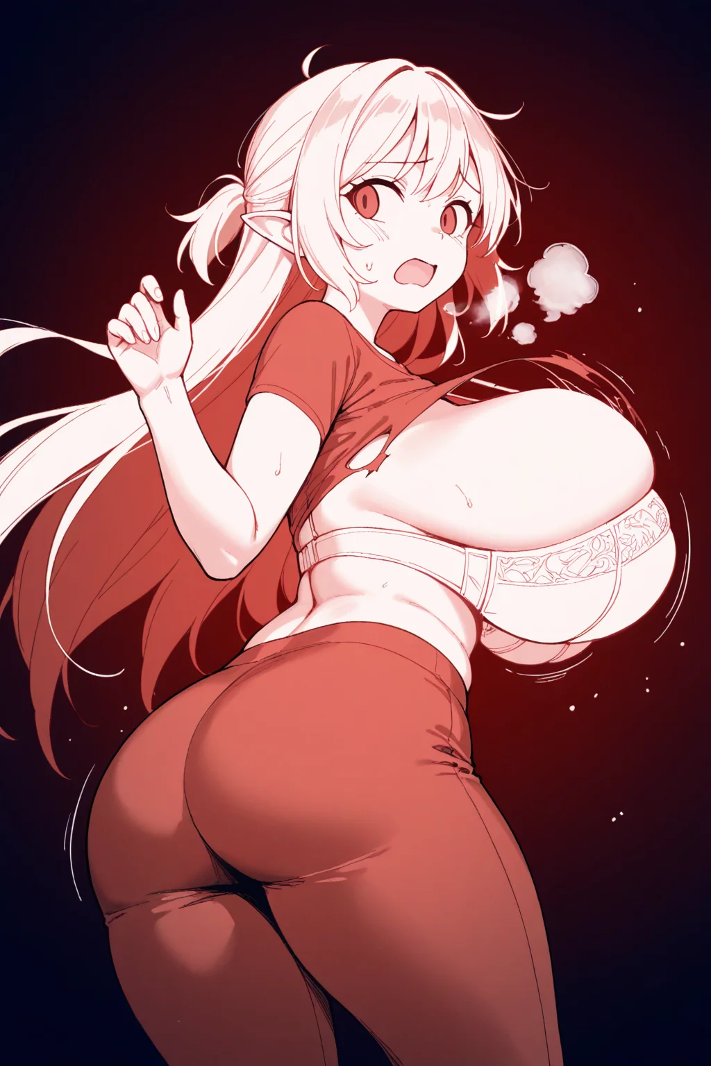 1girl, solo, lehmana, pointy ears, <lora:Lehmana Illustrious1:0.6>, short sleeves, pants, red theme, torn clothes, bra, heavy breathing, looking back, hands up, limited palette, huge breasts, bouncing breasts, nervous, sweatdrop, open mouth, facing viewer, three quarter view