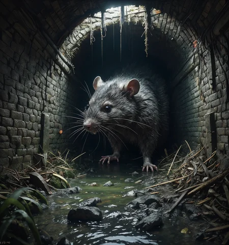 RAW photo, (masterpiece:1.3), subsurface scattering, heavy shadow, (high quality:1.4), (intricate, high detail:1.2), professional photography, HDR, High Dynamic Range, realistic, ultra realistic, photorealistic, high resolution, film photography, ambient lighting, atmospheric effects, <lora:detail_slider_v4:2.5>, OverallDetail, a giant rat, in a dark, medieval, fantasy, sewers, water, <lora:Sewers:0.7>, epiCPhoto,