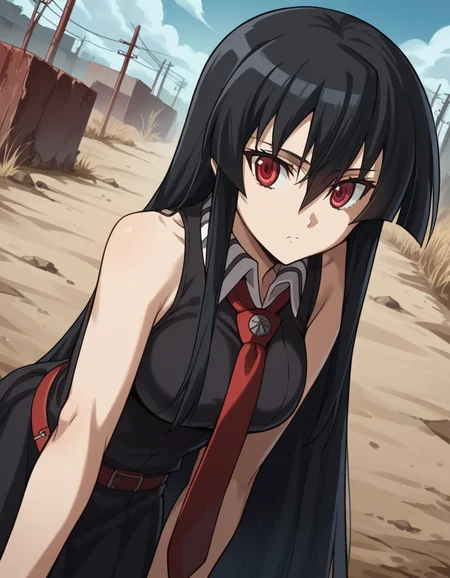 score_9, score_8_up, score_7_up, source_anime,
agkakame, <lora:agk-akame-s1-ponyxl-lora-nochekaiser:1>,
akame, long hair, black hair, red eyes, hair between eyes,
skirt, dress, necktie, sleeveless, belt, shirt, black shirt, collared shirt, red necktie, black skirt,
outdoors, wasteland, bent over,
cowboy shot, solo, dutch angle, looking at viewer,