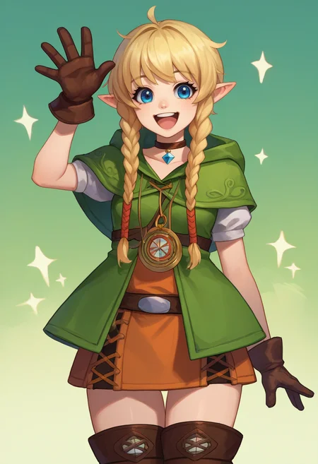 score_9, score_8_up, score_7_up, source_anime, rating_safe, solo, 1girl, linkle, happy, looking at viewer, waving, twin braids, green capelet, hood, leather gloves, skirt, thigh boots, choker, belt <lora:hyrulewarriors_linkle_ponyXL:1>