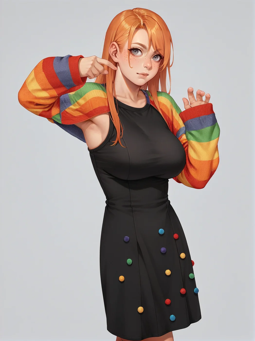 source_anime, score_9. score_8_up, score_7_up, score_6_up, score_5_up, score_4_up, (plump:0.3), large breasts, ginger hair, 1girl, <lora:p0mp0mdr3ssXLP:0.6> simple background, p0mp0mdr3ss, long sleeves, black dress with pompoms, striped, sleeves past wrists, sweater, multicolored clothes, long hair,
