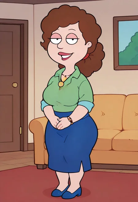 score_9, score_8_up, score_7_up, score_6_up, high quality, rounded eyes, style parody, cartoon style, 1girl, solo, living room, couch, indoors,
BREAK
unnamed girl, brown hair, black eyes, (mature female:1.5), (plump:1.2), large breasts, gigantic ass, gigantic hips, green sweater, rolled up sleeves, blue skirt, navy blue shoes, own hand together, smile, looking at viewer, long skirt, half-closed eyes, necklace,