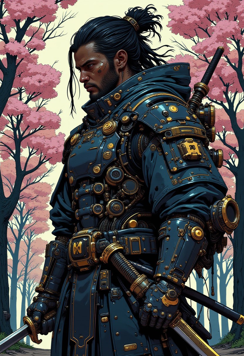A (full body portrait:1.4) of a 26 year old African american man. He has long black hair in dread locks tied up. He has a short beard. He is wearing futuristic, black samurai armor with gold accents. He holds a katana in a (fighting stance). He is in a cherry blossom tree Grove. 
There is a scar over his left eye. 
cyberpunk, high-quality digital artwork, detailed background