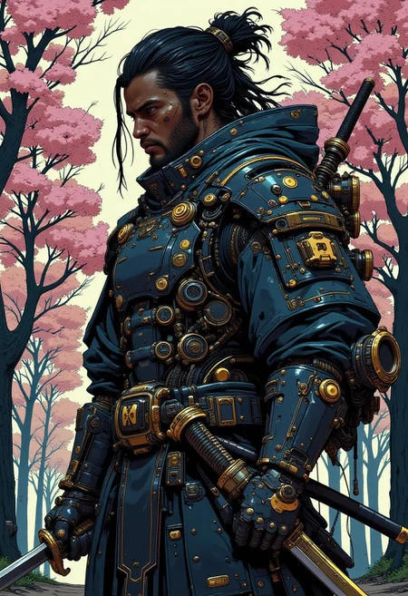 A (full body portrait:1.4) of a 26 year old African american man. He has long black hair in dread locks tied up. He has a short beard. He is wearing futuristic, black samurai armor with gold accents. He holds a katana in a (fighting stance). He is in a cherry blossom tree Grove.
There is a scar over his left eye.
cyberpunk, high-quality digital artwork, detailed background