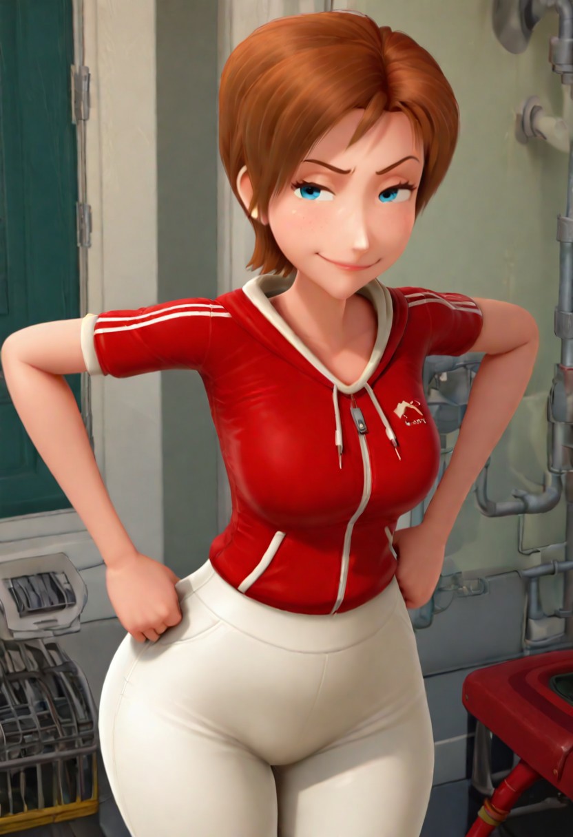 score_9, score_8_up, score_7_up, ultra quality, solo, 1girl, S0e, short hair, brown hair, blue eyes, red jacket, short sleeves, white pants, smug smile, hips focus, breasts, big hips, big butt, bubble butt, curvy, narrow waist, standing, upper body, view from above, looking to the viewer, close up, screencap