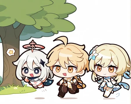 (masterpiece, best quality, newest, absurdres, highres),official art, official style, colorful,
<lora:ER_SD-08:1> chibi, deformed, full body,  white background, 
grass, tree, 
(2girls:1.4, 1boy, ) (lumine \(genshin impact\), aether \(genshin impact\),) (paimon \(genshin impact\), floating:1.8,jumping,  )
walking, light blush, light smile, open mouth, hand up, 
 queue,  lineup, spoken star, portrait,