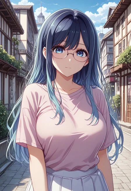 safe_pos, score_9, score_8_up, score_7_up, (masterpiece, detailed:1.2), (best quality:1.2), (High Resolution), (More Details), (8K), (High Resolution), female focus, sharp focus, newest, ultra-detailed, 1girl, solo, mature woman, milf, akane kurokawa, long hair, bangs, large breasts, blue eyes, high gradient eyes, black hair, blue hair, multicolored hair, gradient hair, Glasses, Megane, face, shirt, pink t-shirt, pleated skirt, white skirt, upper body, various expressions, various poses, front view, house