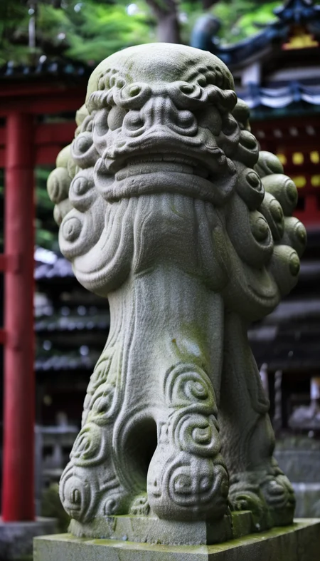 Stone statue of a (octopus:1.5),(tentacles:1.3),japanese shinto Shrine,blurry background<lora:Komainu:1>