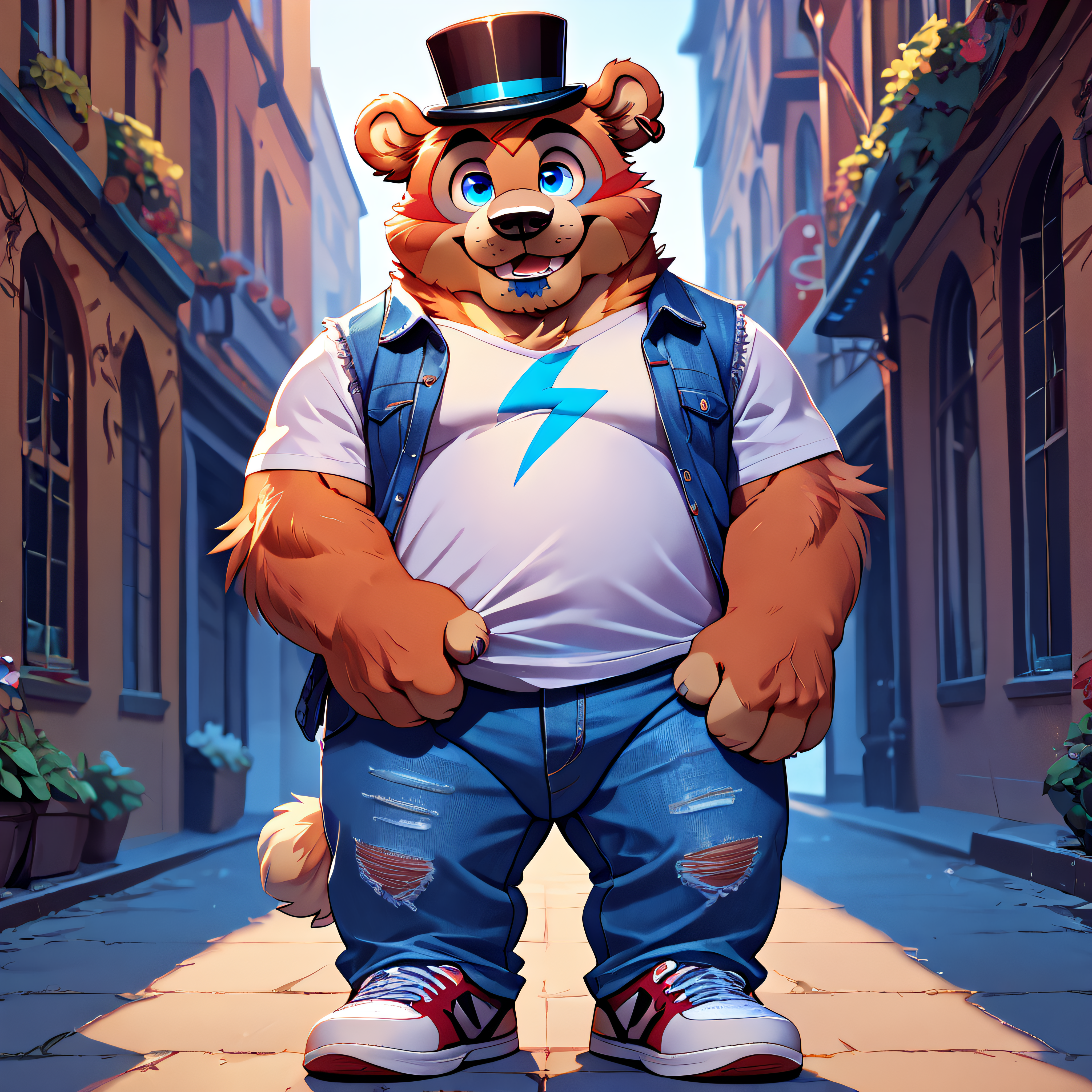 <lora:bigfreddy_ponyxl-10v1_1:1> score_9, score_8_up, score_7_up, BREAK, indoor, solo,  (source_furry),  (bigfreddy),  cute face, bear ears, mini top hat, blue eyes,  perfect hands, (big eyes, big eye sockets), detailed hat, male focus, detailed face, (detailed face), detailed ears, detailed hands, wearing deep blue denim vest, black shirt, detailed shirt, detailed clothing, detailed body, perfect body  (detailed body, perfect body), detailed hair, detailed background,  looking at viewer, zPDXL2, no humans,, adult male, ((adult male)), (visible short bear tail), uploaded on e621, (uploaded on e621), male focus, full body, ((fluffy bear brown fur)), handsome face, (wearing pants), detailed clothing,  ((wears sneakers)), (detailed sneakers),  handfixer, musclegut, slightly chubby, 
<lora:Pony_DetailV2_0:1> <lora:add-detail-xl:1.2> <lora:Expressive_H-000001:0.25> <lora:ZoroJ:0.3> <lora:HandFixer_pdxl_Incrs_v1:0.5>