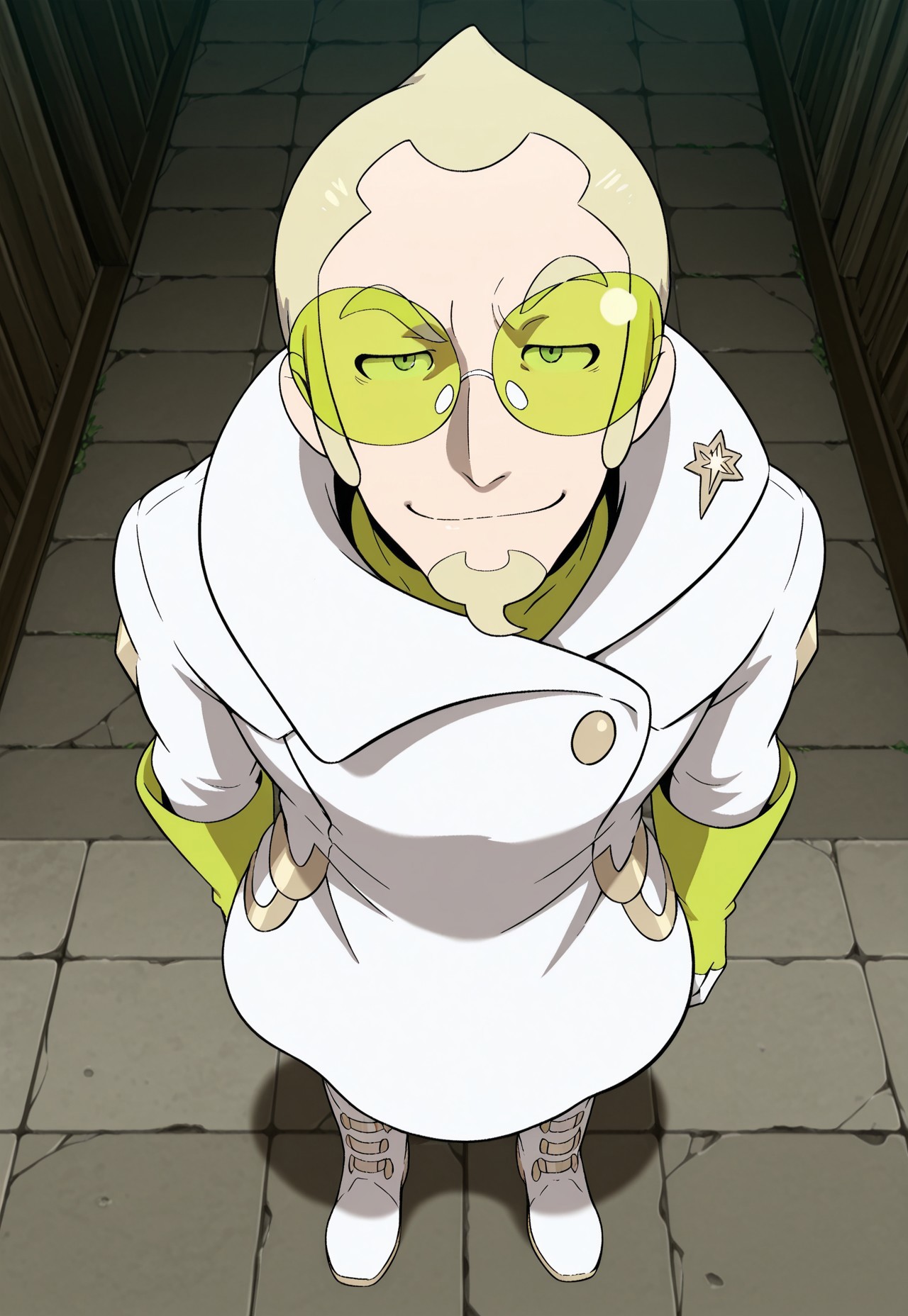 solo, masterpiece, modern, new, 1boy, male, masculine face, daddy looking face,

PokemonFaba, blonde hair, goatee, green glasses, white coat, boots, looking at viewer, smiling