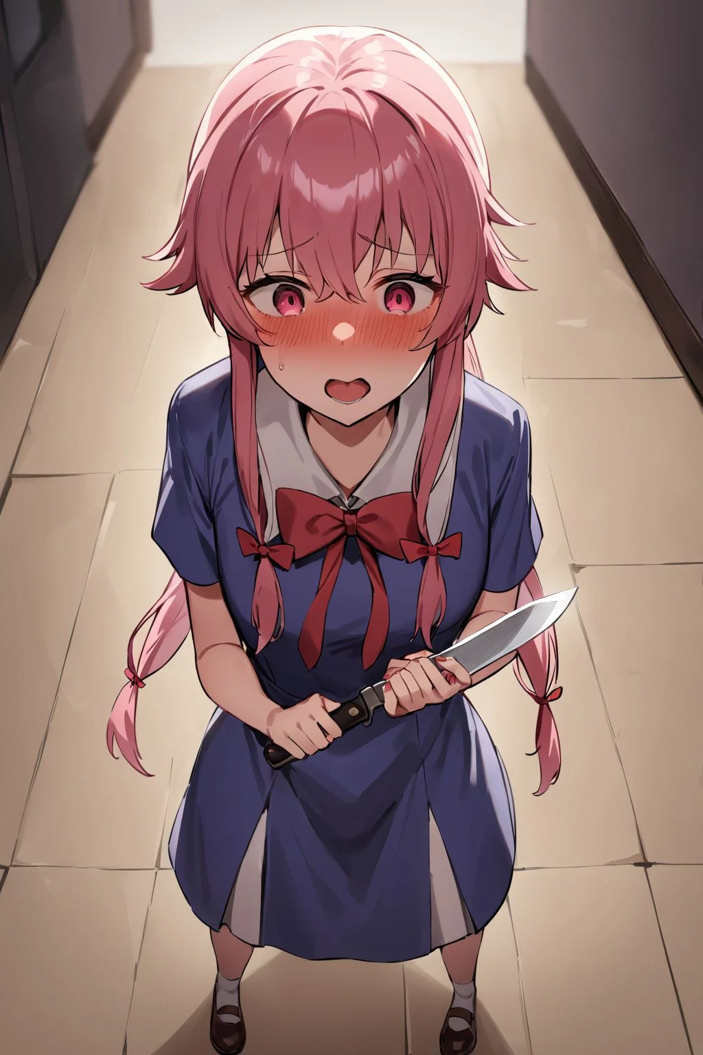 gasai_yuno,yandere,holding_knife,<lora:gasai_yuno XL-000007:1>,female_orgasm,, Standing on the ground,frontal,front view,Positive por,masterpiece,best quality,very aesthetic,absurdres