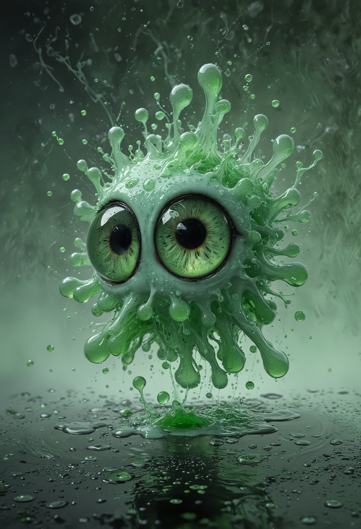 In a cool grey-toned background, a splash of bright mint green paint with large shiny cartoony black eyes, surrounded by lighter green embers, its body and tendrils have a glossy dripping quality with tiny bubbles and dynamic splashes that give a sense of movement, frozen mid-splash, <lora:xl_more_art-full_v1:0.4>, <lora:add-detail-xl:1>, <lora:MJ52:0.4>
