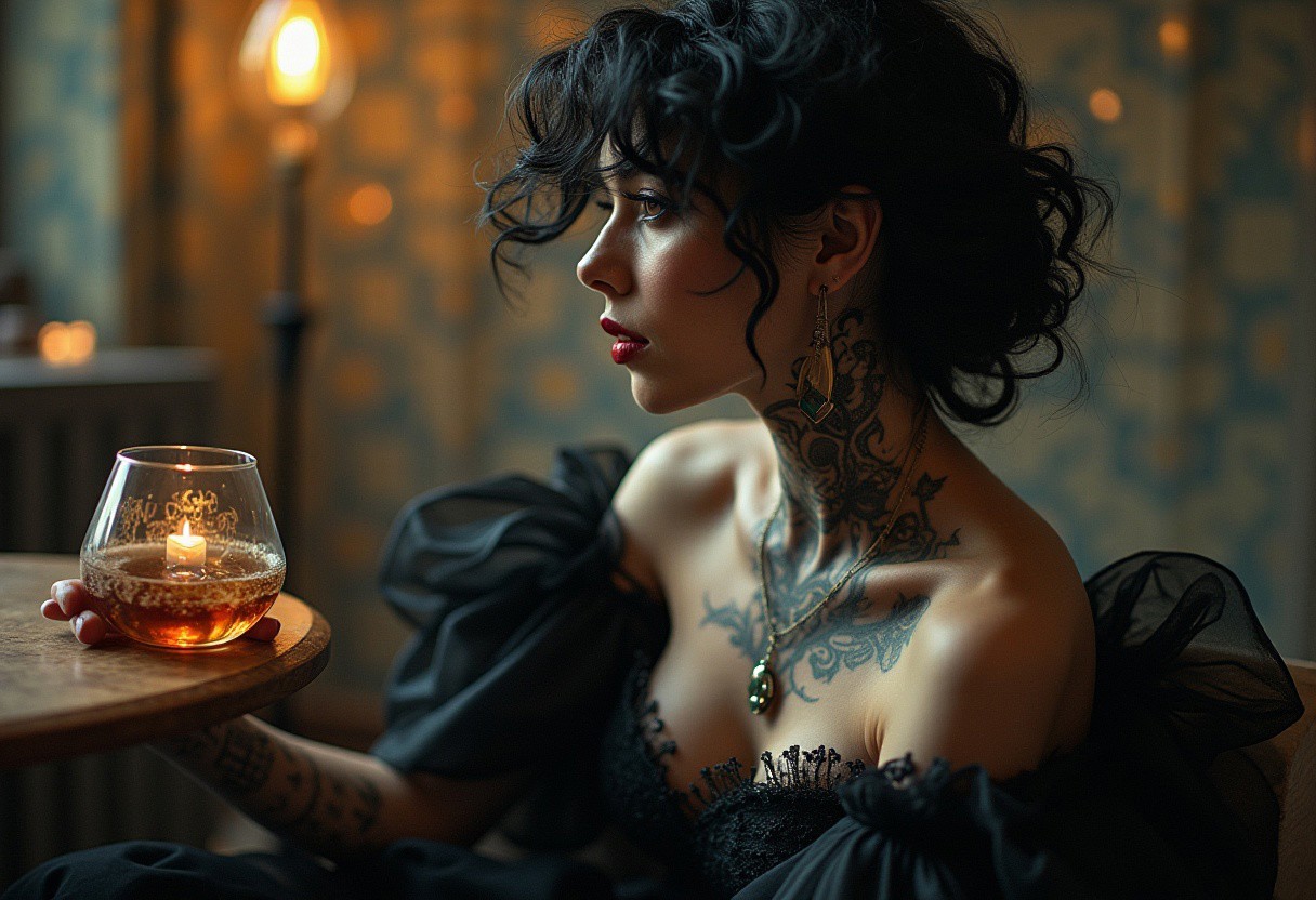 luxury magazine phtotography, Full body Beautiful lady pirate, black hair blowing, tattoo at her neck, sits relaxed while holding a glass of whiskey. highly detailed dress, mistery, Gothic aesthetic, double exposure , Junji Ito, victo ngai, M.W. Kaluta, richard anderson, a masterpiece. highly detailed and intricate, vogue style" subtractive lighting long exposure depth of field DSLR